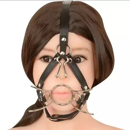 Roleplay Slave Leather Head Harness With Nose Hook O Ring Spider Open Mouth Gag