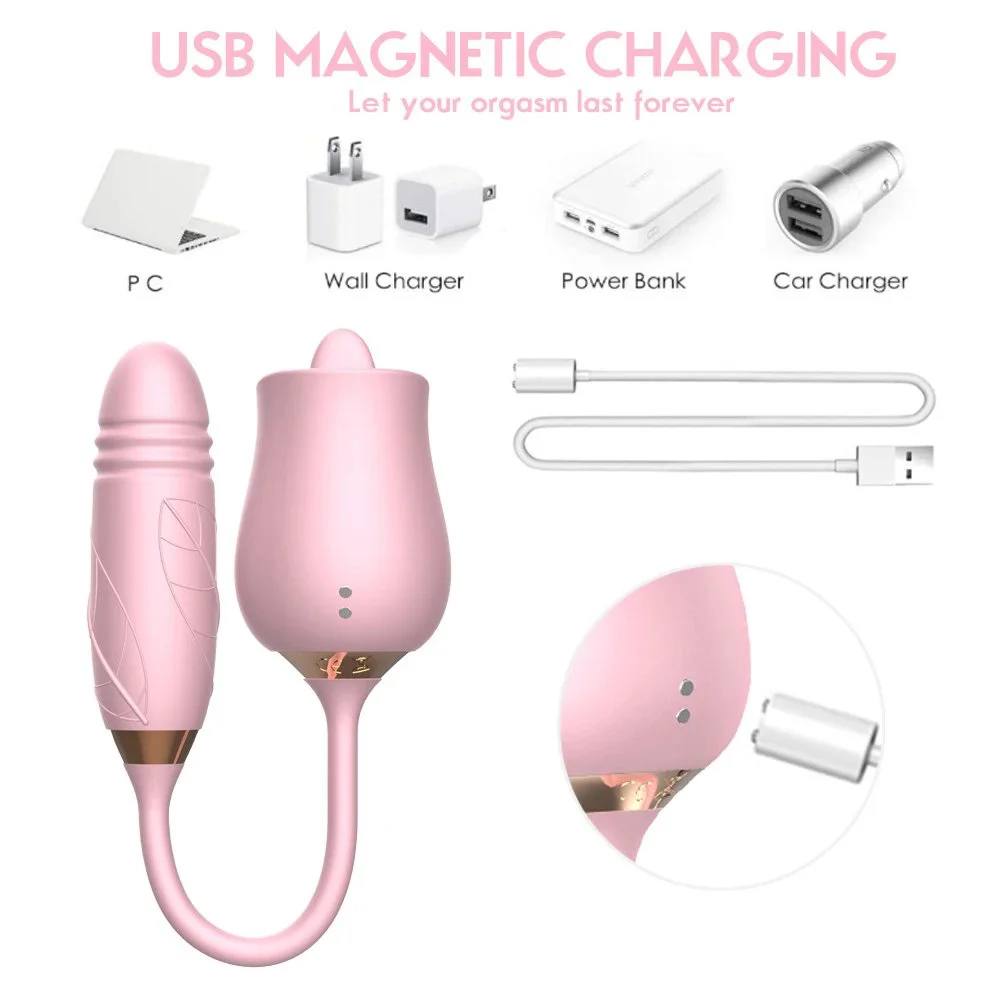 Rose Sex Toys Dildo Vibrator Oral Tongue Shaped Licking With Thrusting Vibrating Kiss G Spot Clitoris Nipple Stimulator Female
