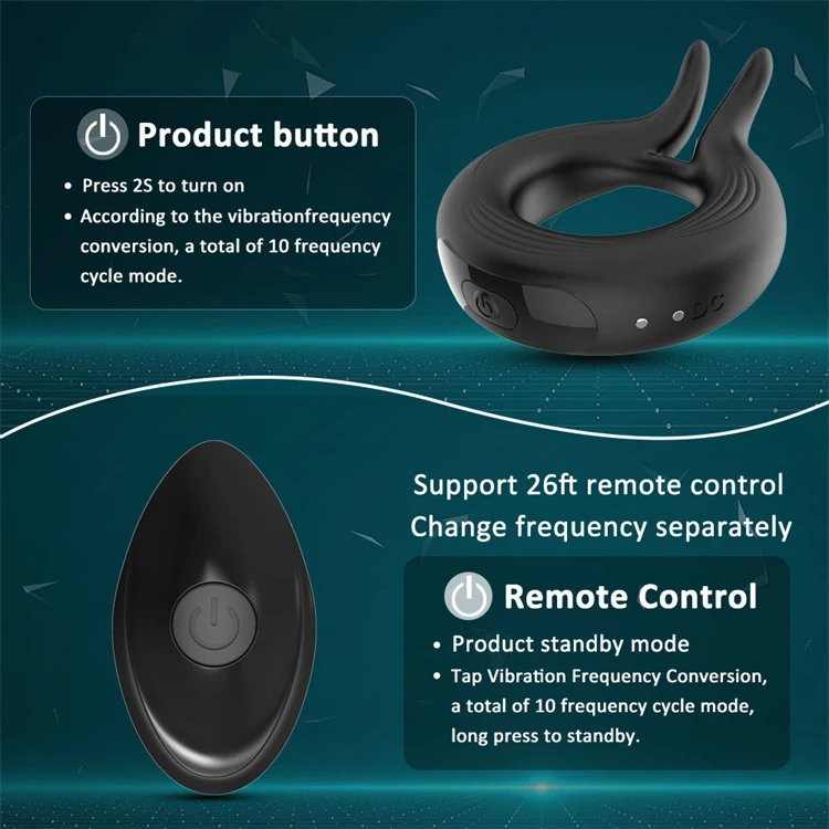 USB Rechargeable 10 Speeds Remote Control Rabbit Cock Ring Vibrator Sex Toys for Men