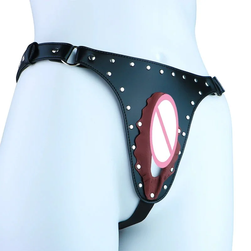 PU Leather Studded Open Crotch Harness Panties Adjustable Strap-On Design Sexy Lingerie with Rivet Detail for Couples Intimate