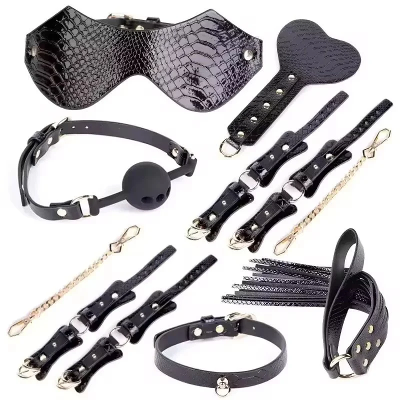 Red Snake Skin Bondage Set With Blindfold Gag Cuffs Paddle Flogger Collar Harness Restraints Tickler Clamps