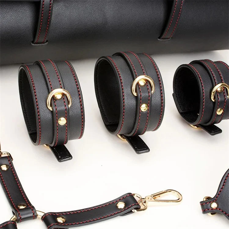 Sexy Eye Mask Handcuffs Mouth Ball Gag Luxury Genuine Leather Bondage Set Sex Toys for Couple