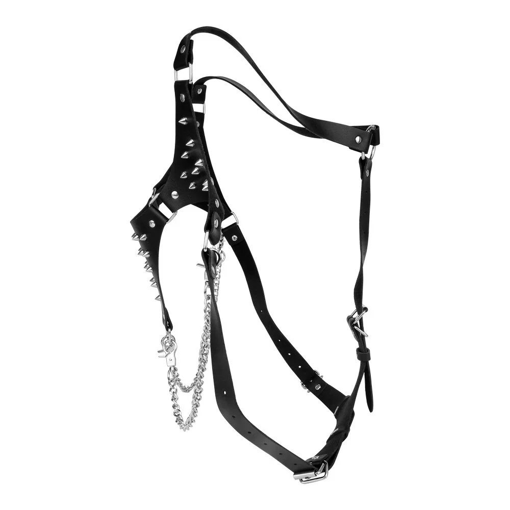 PU Leather ,alloy Metal Psyche Goddess Nipple Clamps Chainmail Spiked Armor Adjustable Leather Bra Couple Flirting Sex Toy