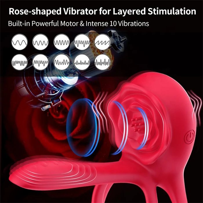 Design Couple Sex Toys 4 in 1 Vibrating Cock Ring Penis Sleeve with Rose Clitoris Stimulating