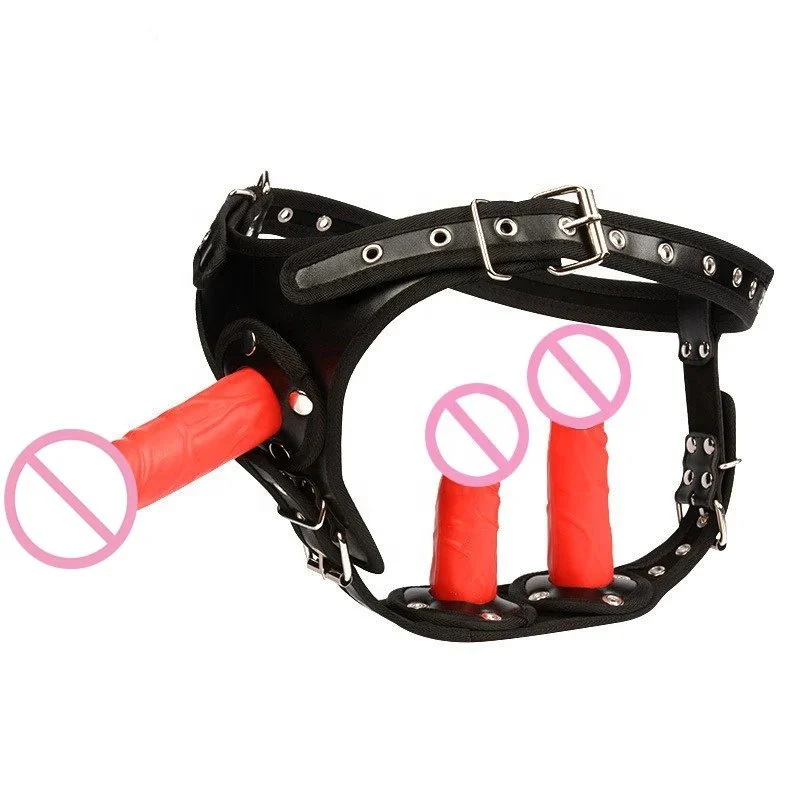 Leather Strap on Harness Dildo Pants Anal Butt Plug 3pcs Realistic Penis Lesbian Strapons