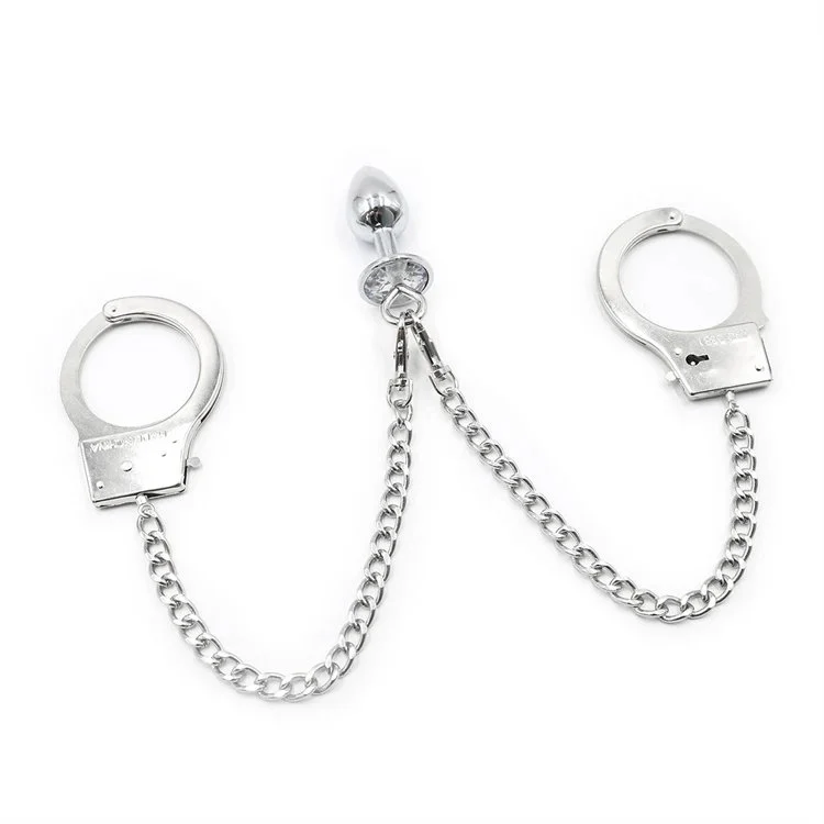 Toy Stainless Steel Anal Plug Long Chains Wrist Restraints Cuff Butt Plug Sexy Handcuffs with Anal Plug