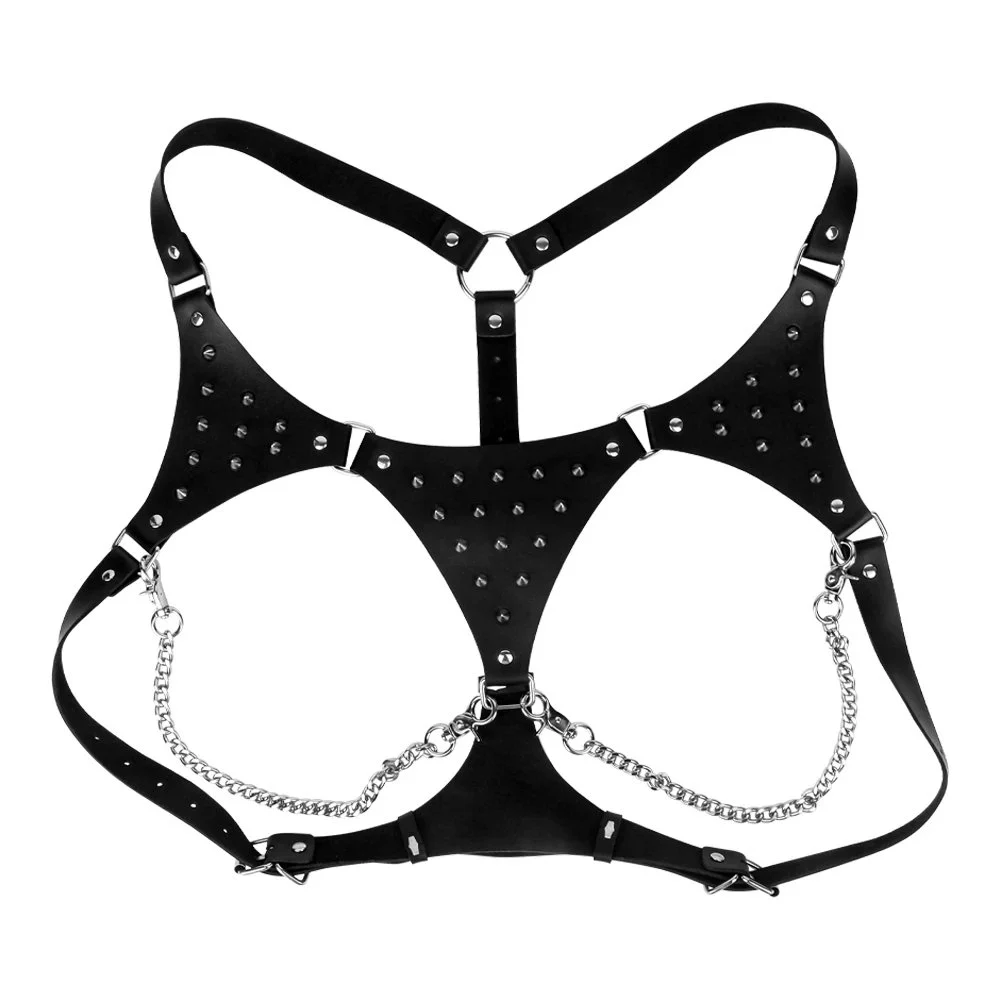 PU Leather ,alloy Metal Psyche Goddess Nipple Clamps Chainmail Spiked Armor Adjustable Leather Bra Couple Flirting Sex Toy