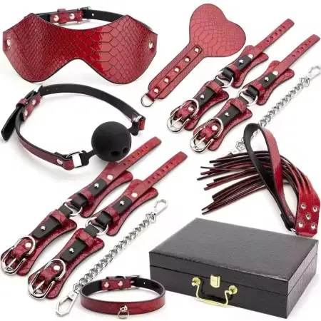 Red Snake Skin Bondage Set With Blindfold Gag Cuffs Paddle Flogger Collar Harness Restraints Tickler Clamps