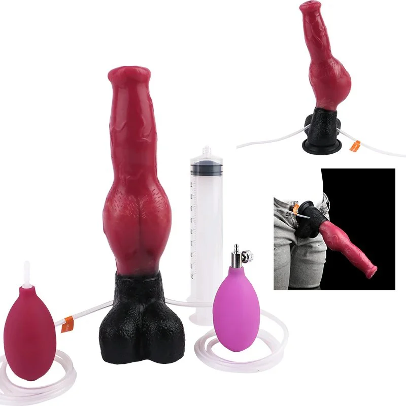 Extra Long Soft Inflatable Squirting Dog Dildo 10.2'' Silicone Adult Stimulation Animal Anal Squirting Cock with Knot for Woman
