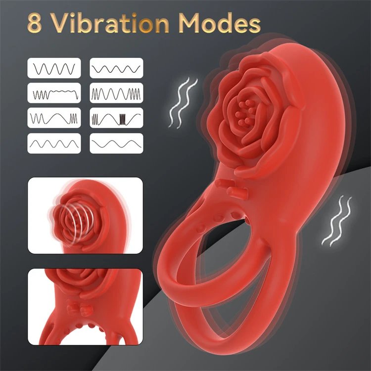 Magnetic USB Waterproof 8 Vibration Modes Rose Shaped Vibrating Cock Ring With Rose Clitoral Stimulator