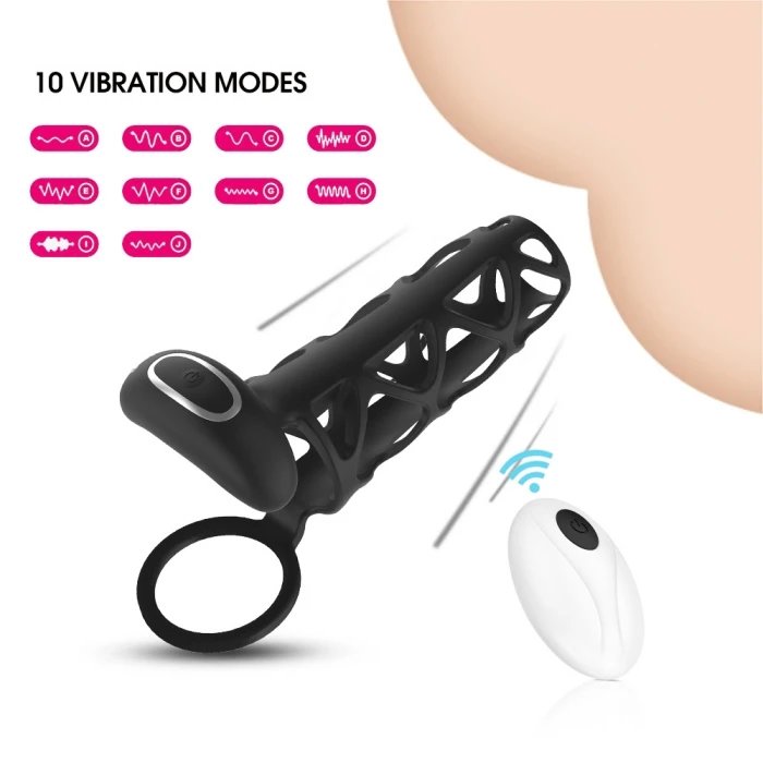 Silicone Cock Sleeve Vibrator with 9 Frequencies Remote Control Adult Enlarger Sex Toys Featuring Penis Rings