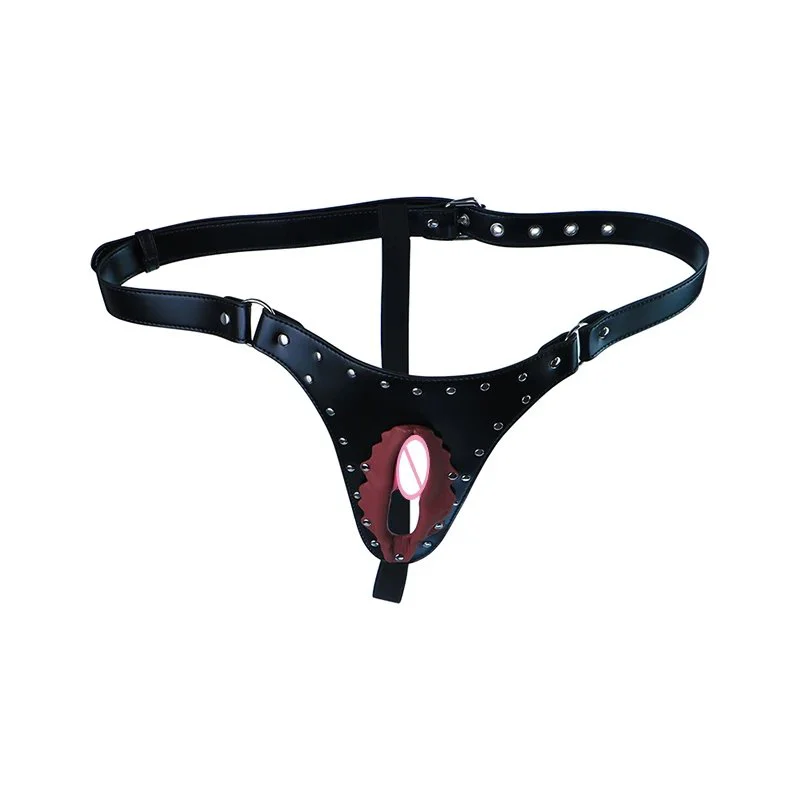 PU Leather Studded Open Crotch Harness Panties Adjustable Strap-On Design Sexy Lingerie with Rivet Detail for Couples Intimate