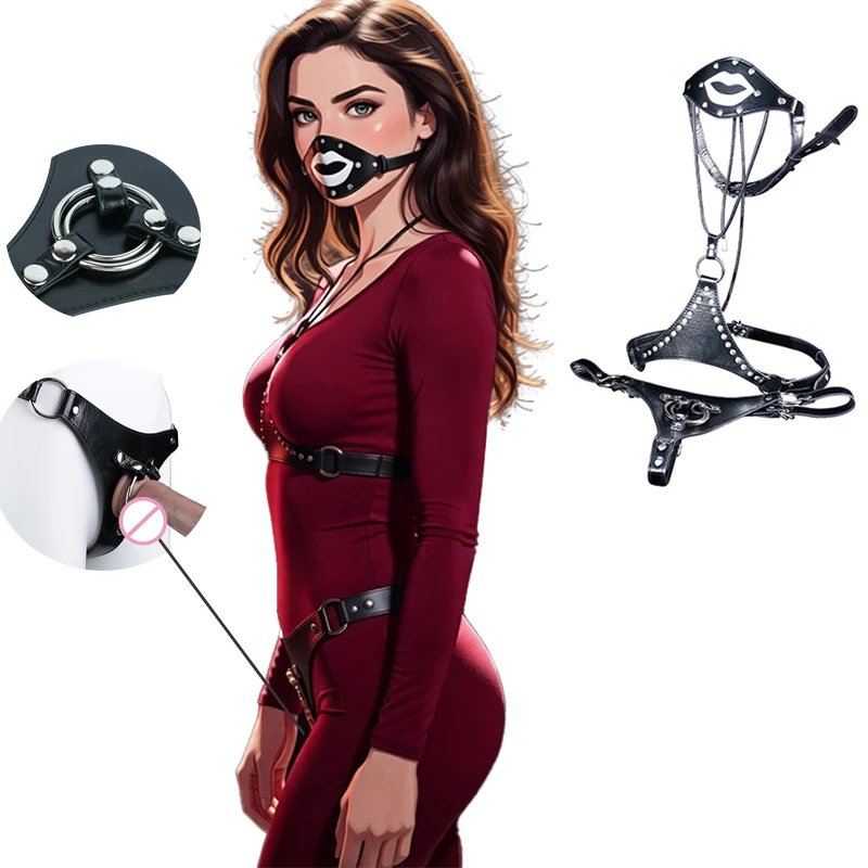 Harness Bandage O-ring Belt Set Leather Sensory Deprivation Bondage Gimp Mask with Close Mouth Breast Bondage for Lesbian