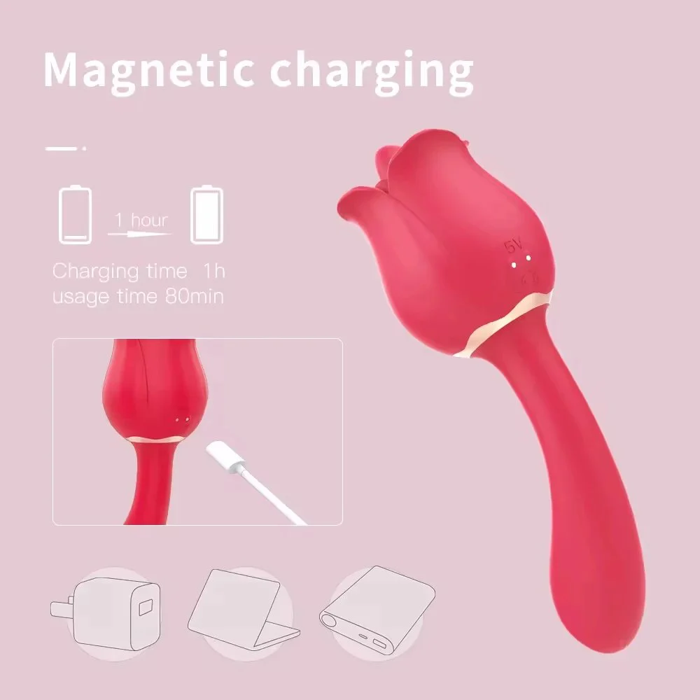 Tongue Licking Vagina Vibrator Adult Nipple Clitoral Sex Toys Rose Flower Vibrator with USB Power for Women