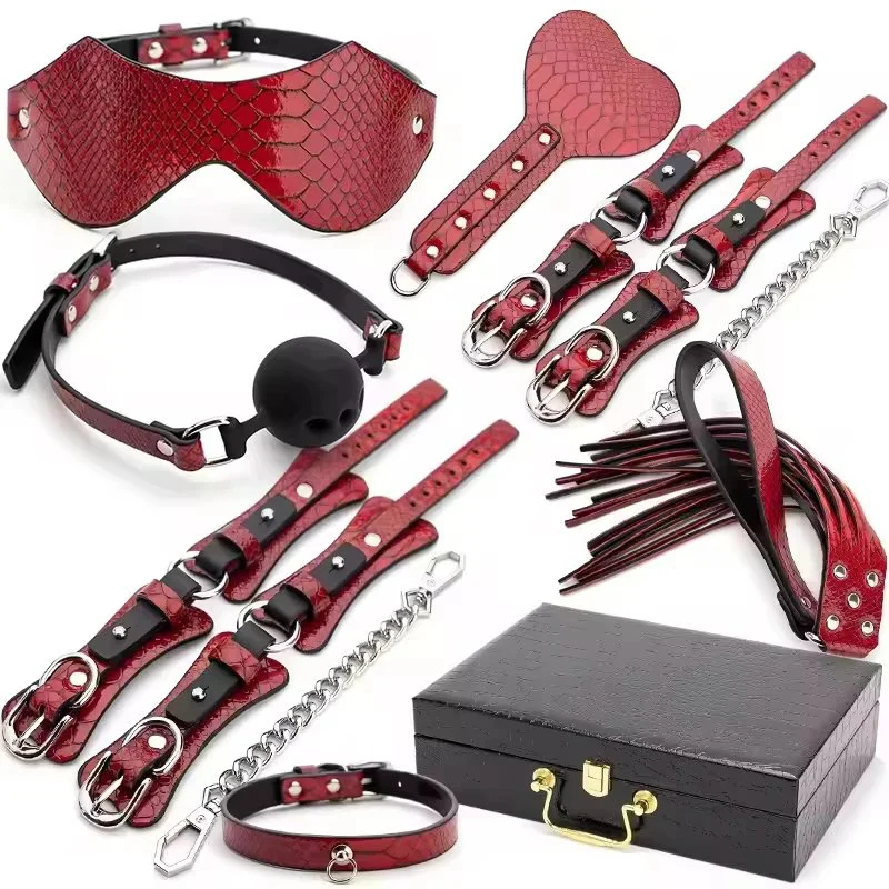 Sex Toys Props Crocodile Pattern 7-Piece Set Handcuffs Shackles Ball Whip Chain Collar Toolbox Packaging Adult Fun Toys