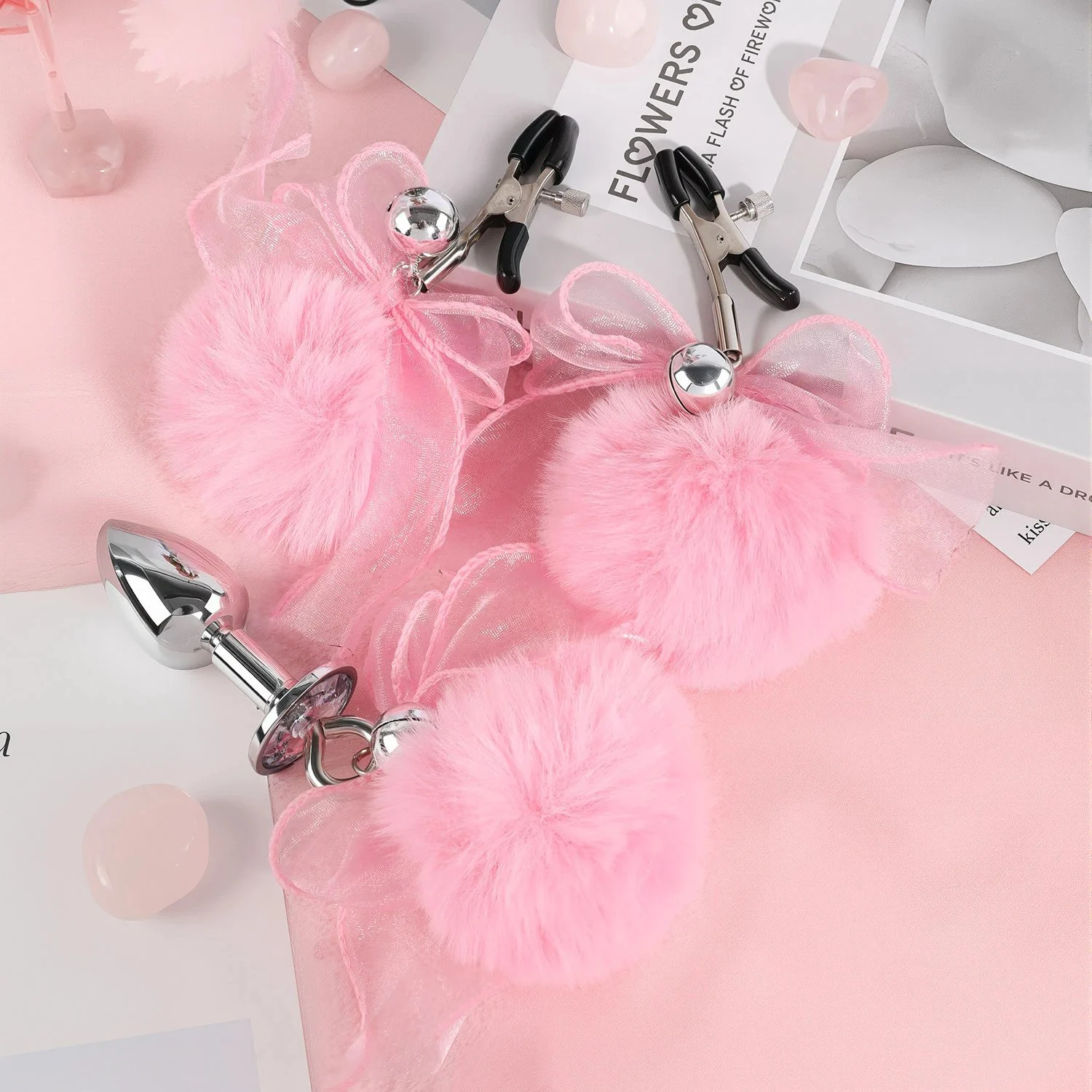 bow nipple clip anal plug set for women's romantic products, hairy ball palace bell nipple clip adult sex toy anal plug