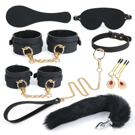 Sexy Props Black Woven PU Eight Piece Set Couple Binding and Binding Set