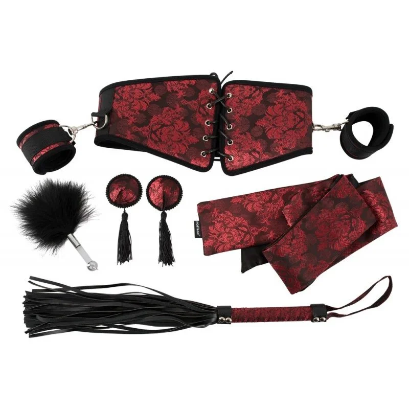 Six Piece Scarlet Brocade Style Corset and Cuff Restraint Kit Red Satin Waist Fetish Bondage Gear Kit Set for Women Couples