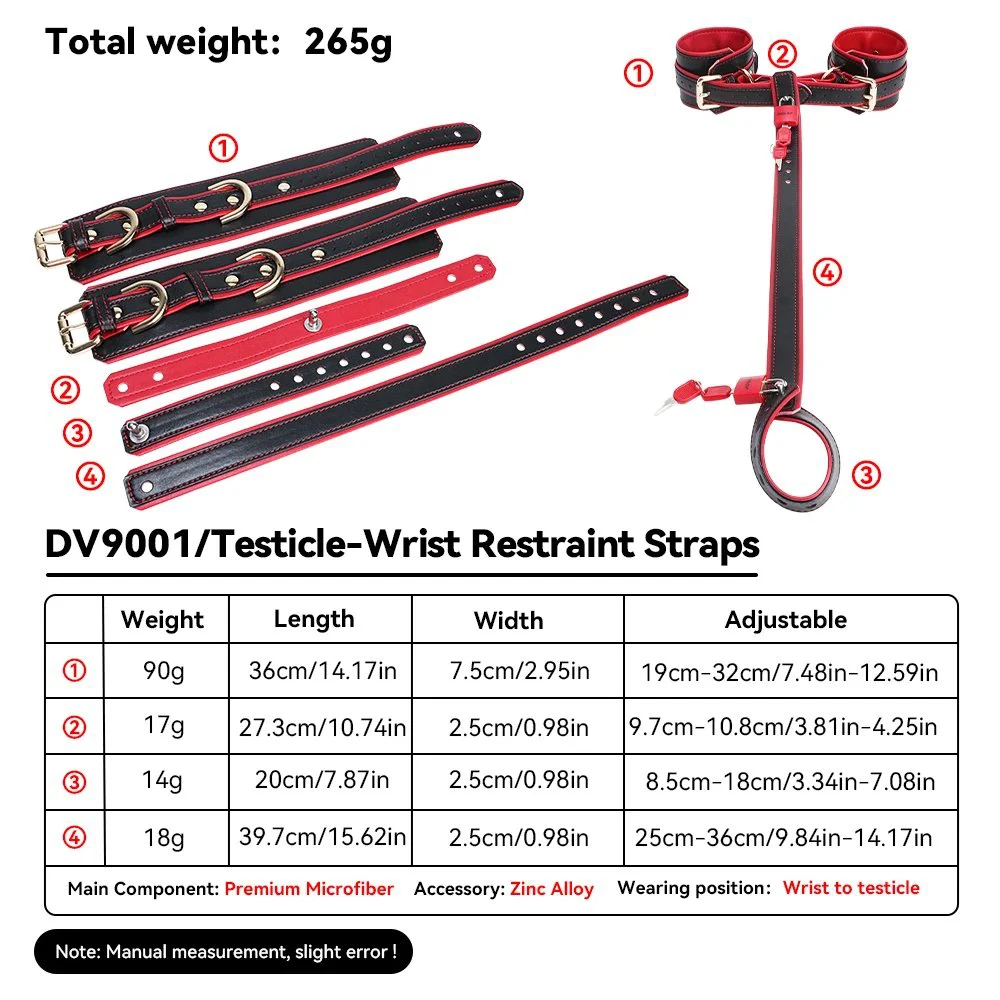 Restraint Set Collar Testicle Wrist Restraint Strap Double-Layer Restraint for Male Submission Play Black & Red