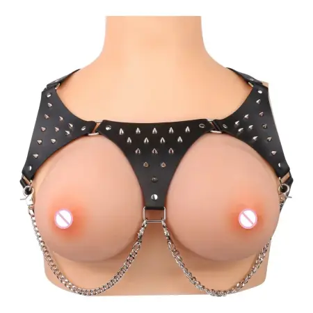 PU Leather ,alloy Metal Psyche Goddess Nipple Clamps Chainmail Spiked Armor Adjustable Leather Bra Couple Flirting Sex Toy