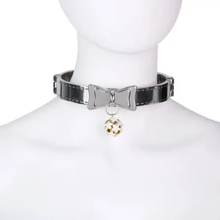 PU Leather Adjustable Neck Collar with Bow & Metal Leash Chain Bondage Neck Restraint Set