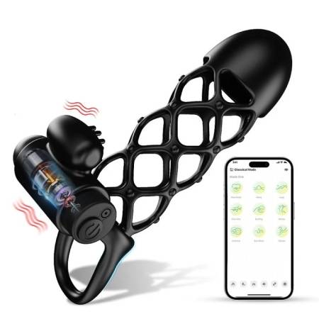 APP Controlled 10 Frequency Silicone Vibrating Penis Sleeve Double-Locking Cock Ring for Couple Stimulation Sex Toys
