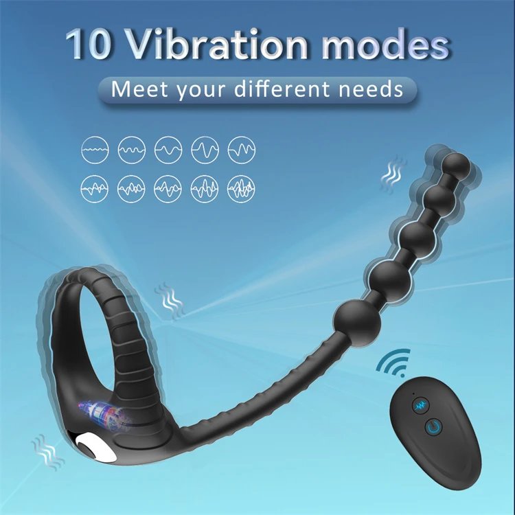 Sex Toys for Men 10 Speed Remote Control Vibrating Anal Beads Cock Ring with Anal Plug Vibrator