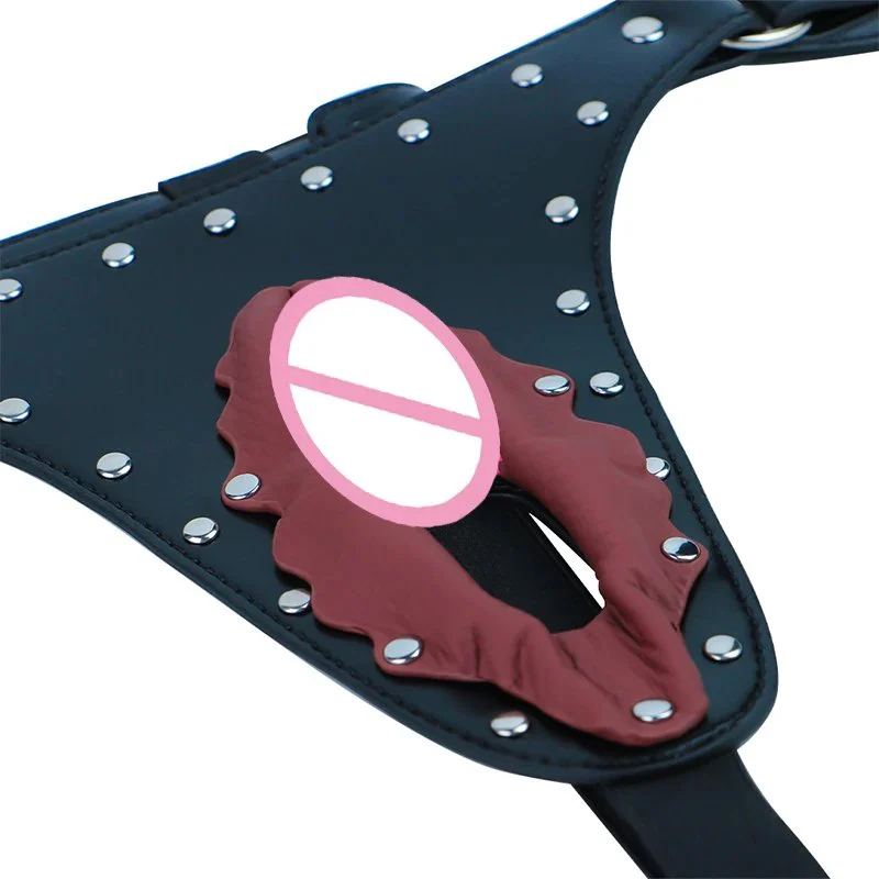 PU Leather Studded Open Crotch Harness Panties Adjustable Strap-On Design Sexy Lingerie with Rivet Detail for Couples Intimate