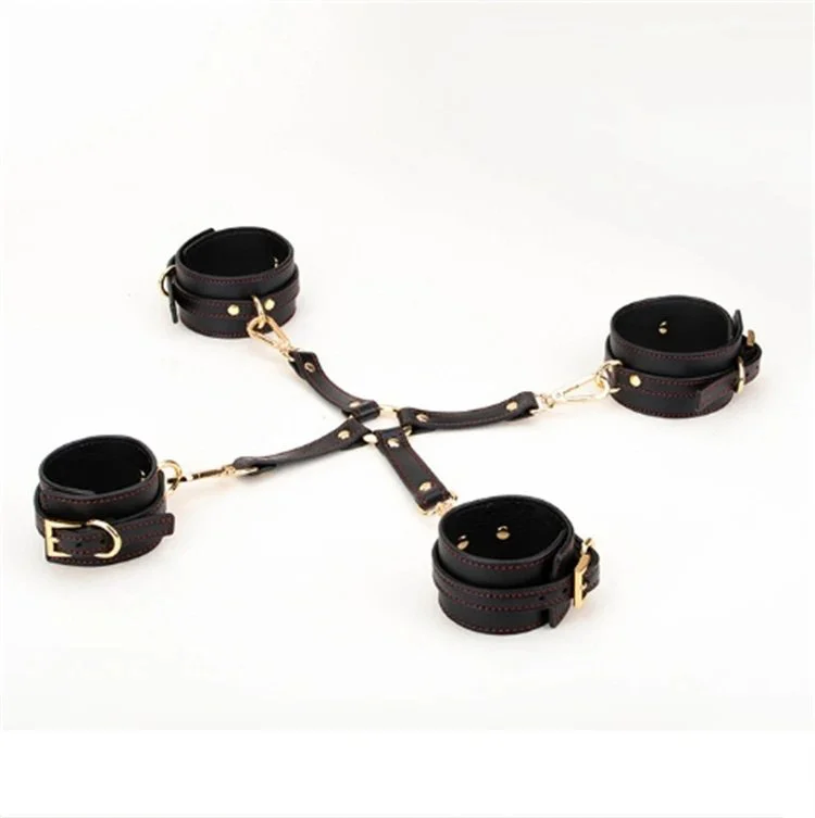 Sexy Eye Mask Handcuffs Mouth Ball Gag Luxury Genuine Leather Bondage Set Sex Toys for Couple