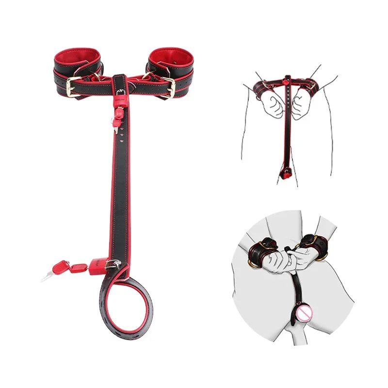 Submission Play Body Leather Restraint Training Gear Male Testicle Wrist Restraint Strap Black and Red Design for SM