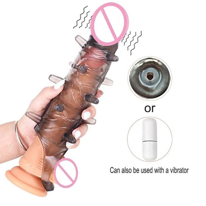 Men's Reusable Silicone Penis Sleeve Extender Realistic Vibrating Condom Extension for Cock Enlargement Sex Toys