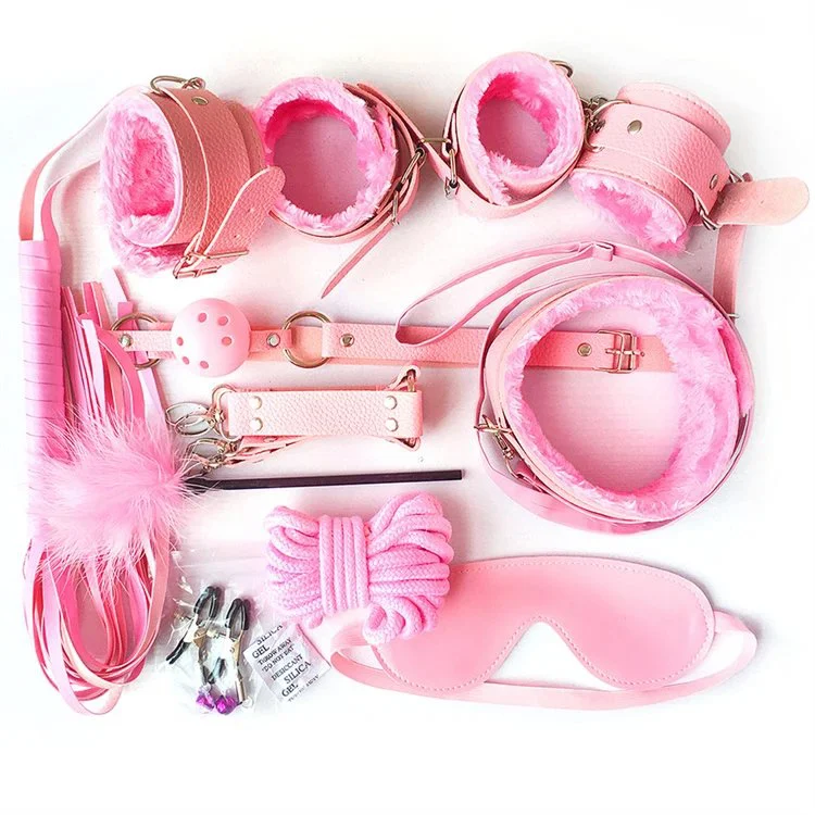 Sexy Whip Handcuffs Rope Nipple Calmps Gag Ball PU Leather Soft Sex Game Restraint 10 PCS Bondage Kit