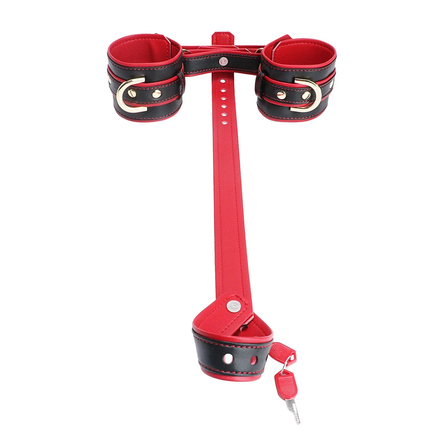 Restraint Set Collar Testicle Wrist Restraint Strap Double-Layer Restraint for Male Submission Play Black & Red