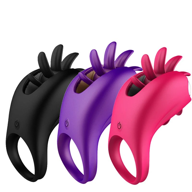 Waterproof USB 10 Frequency Rotating Sex Toy Male Vibrating Tongue Cock Ring with Clitoral Stimulation