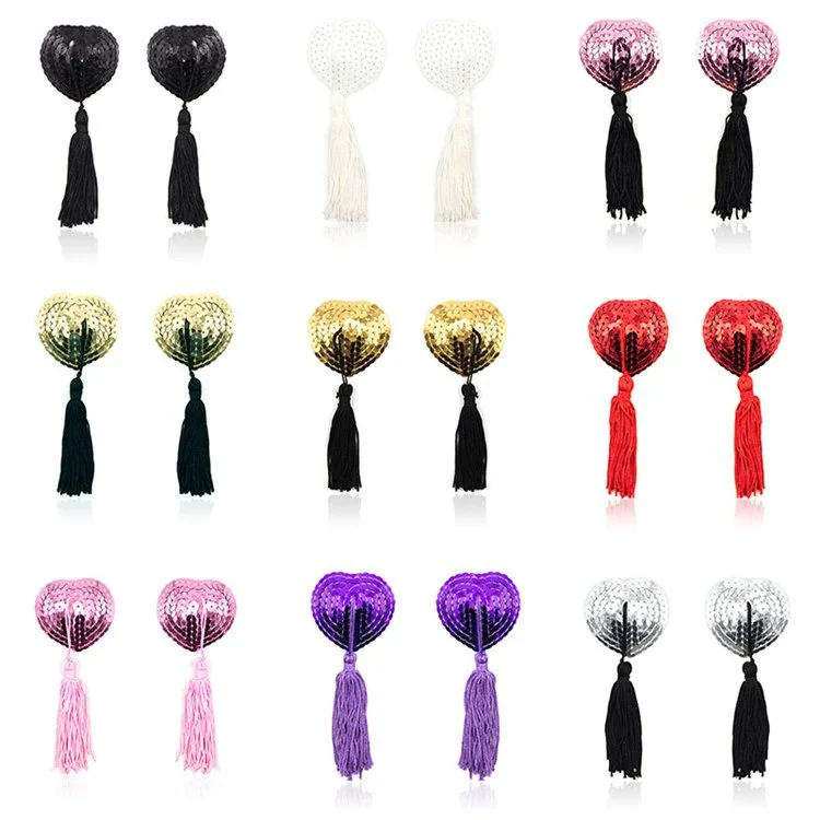 Women Sexy Sequin Heart Chest Covers Stick Breast Bra Nipple Cover Adhesive Sexy Nipple Pasties with Tassel