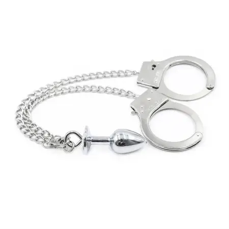 Toy Stainless Steel Anal Plug Long Chains Wrist Restraints Cuff Butt Plug Sexy Handcuffs with Anal Plug
