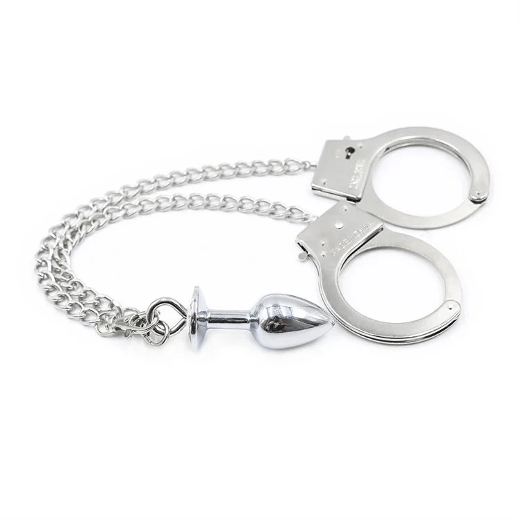 Toy Stainless Steel Anal Plug Long Chains Wrist Restraints Cuff Butt Plug Sexy Handcuffs with Anal Plug