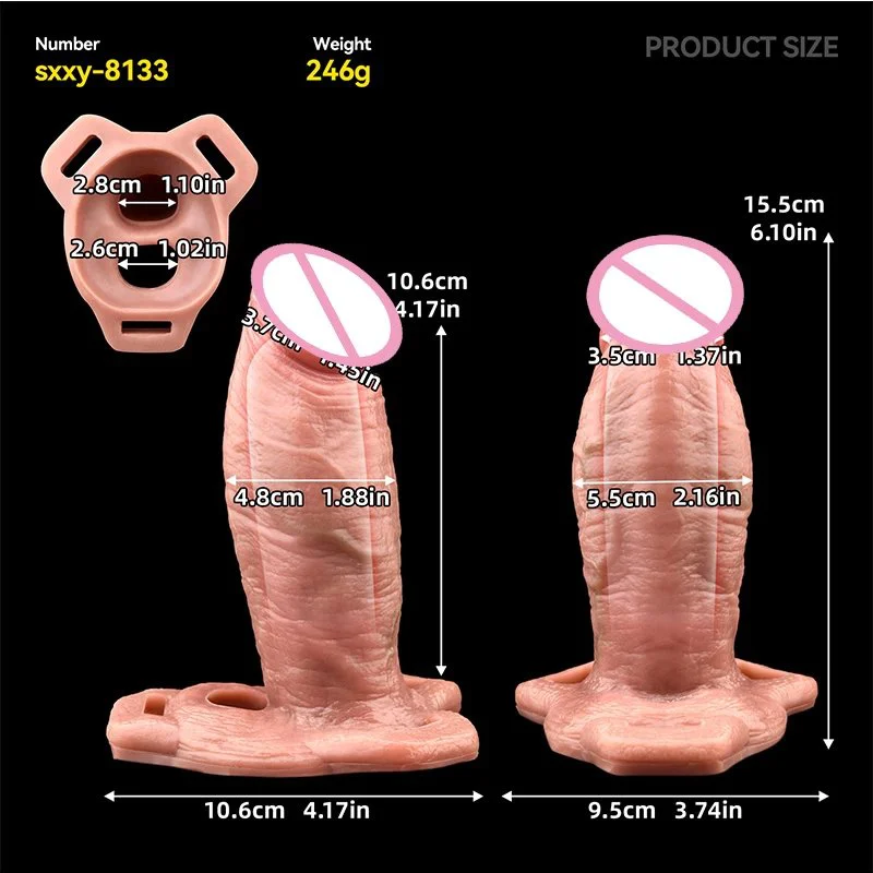 Strap on Reusable Penis Enlargement Hollow Dildo Silicone Soft Penis Sleeve With Cock Ring Sex Toy for Adult Men