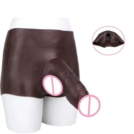 Straight-leg Hollow Male Penis Wearable Pants Thickened and Extended Length Brown Silicone Penis Sleeve Sex Toy for Men