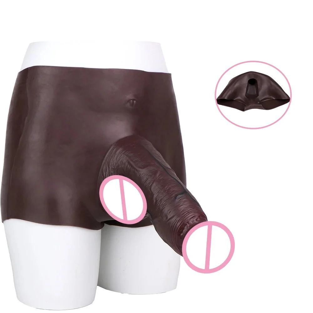 Straight-leg Hollow Male Penis Wearable Pants Thickened and Extended Length Brown Silicone Penis Sleeve Sex Toy for Men