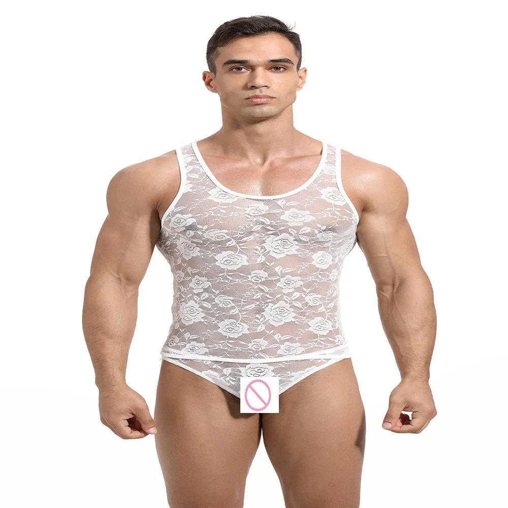 Men Rose Hollow Transparent Mesh Sleeveless Tops Vest T Shirts Sexy Man Vest Singlet Gay Male Lace Undershirt