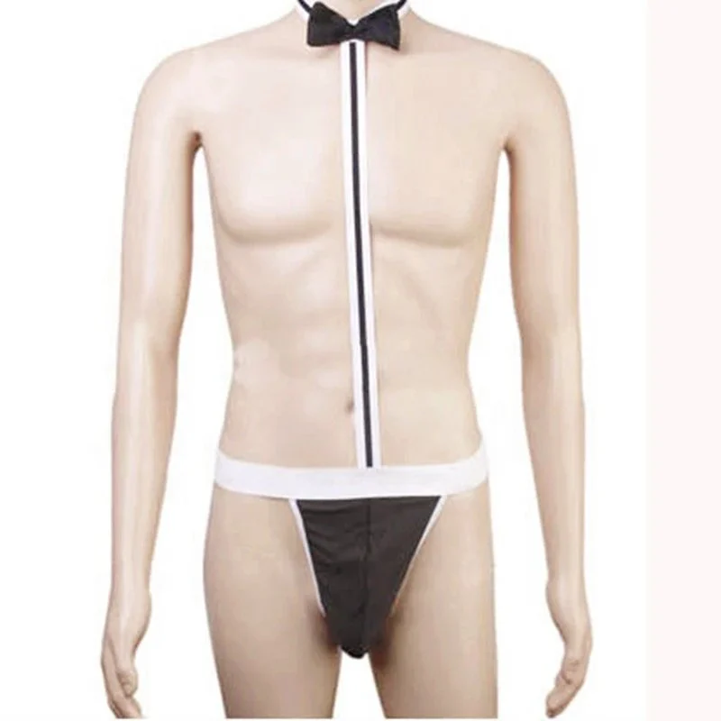 Male Waiter Night Club Party Performance Suit Conjoined Men's Sexy Bow Tie Underwear Lingerie G-String Thongs Bodysuit Collared