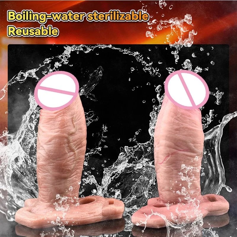 Strap on Reusable Penis Enlargement Hollow Dildo Silicone Soft Penis Sleeve With Cock Ring Sex Toy for Adult Men