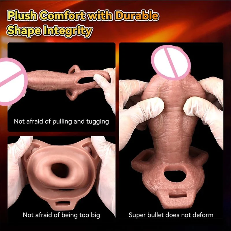 Strap on Reusable Penis Enlargement Hollow Dildo Silicone Soft Penis Sleeve With Cock Ring Sex Toy for Adult Men