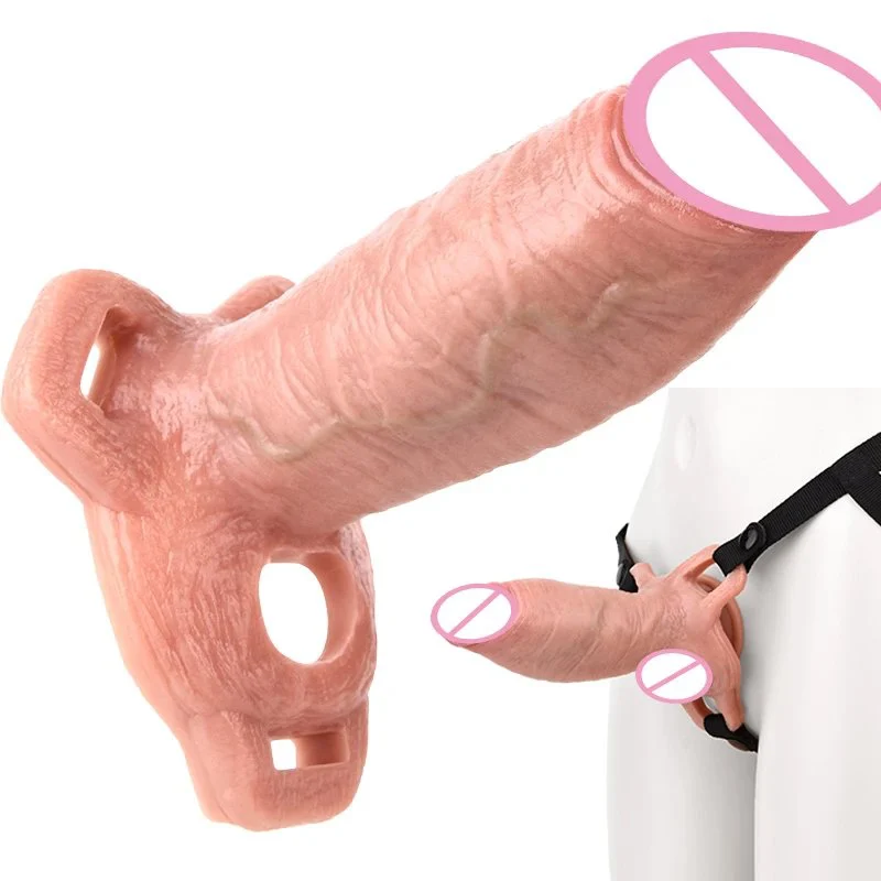 Strap on Reusable Penis Enlargement Hollow Dildo Silicone Soft Penis Sleeve With Cock Ring Sex Toy for Adult Men