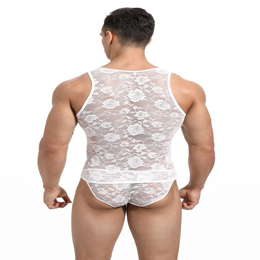 Men Rose Hollow Transparent Mesh Sleeveless Tops Vest T Shirts Sexy Man Vest Singlet Gay Male Lace Undershirt