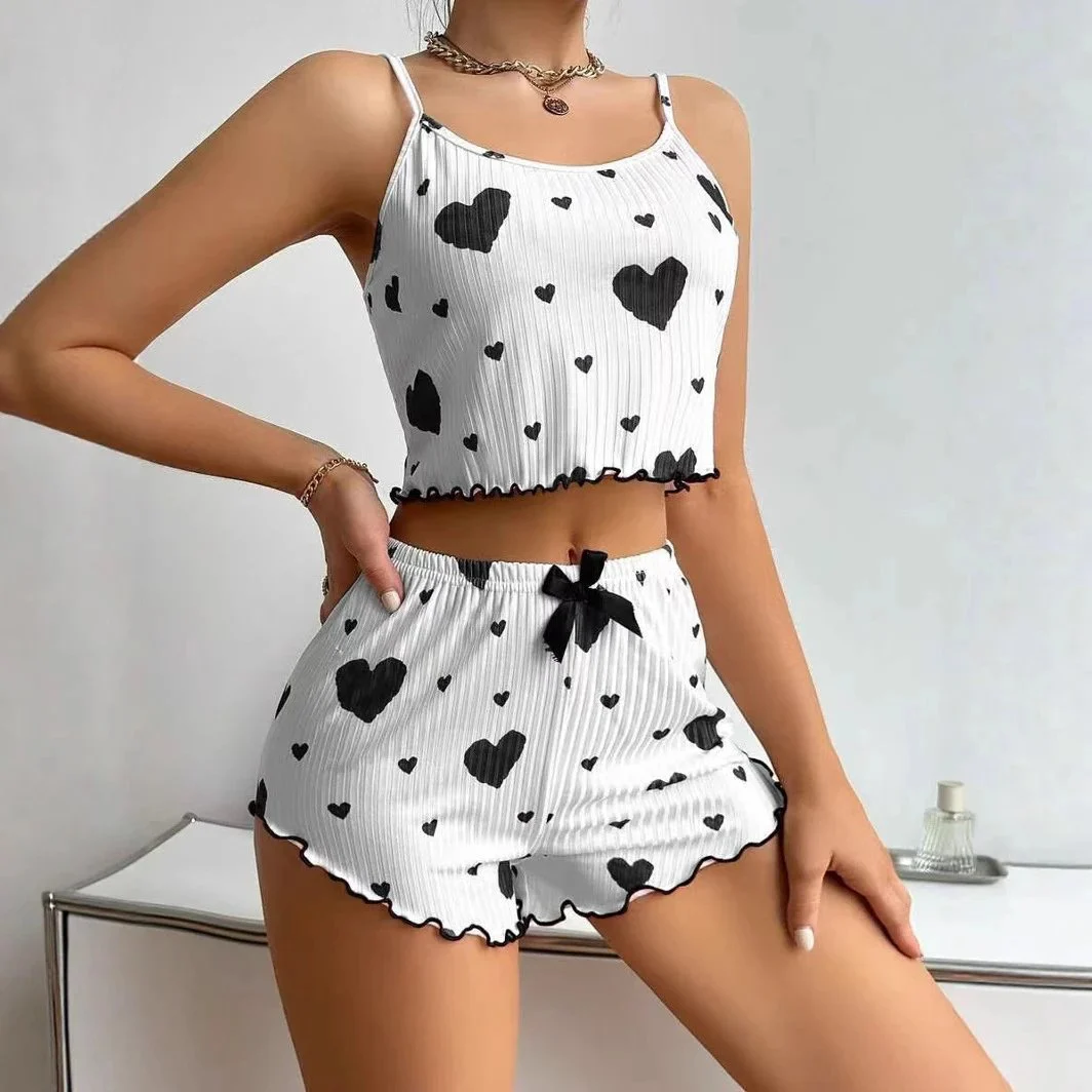 2PCS Love Printed Heart Print Cami Top and Shorts Sleepwear Set Sexy Women Pajamas