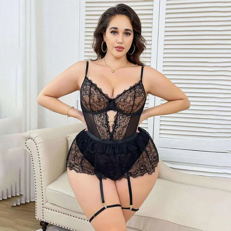 Large Size Lace Fat Women Teddy Bodysuit Girl Embroidery Lingerie Sexy Lingerie