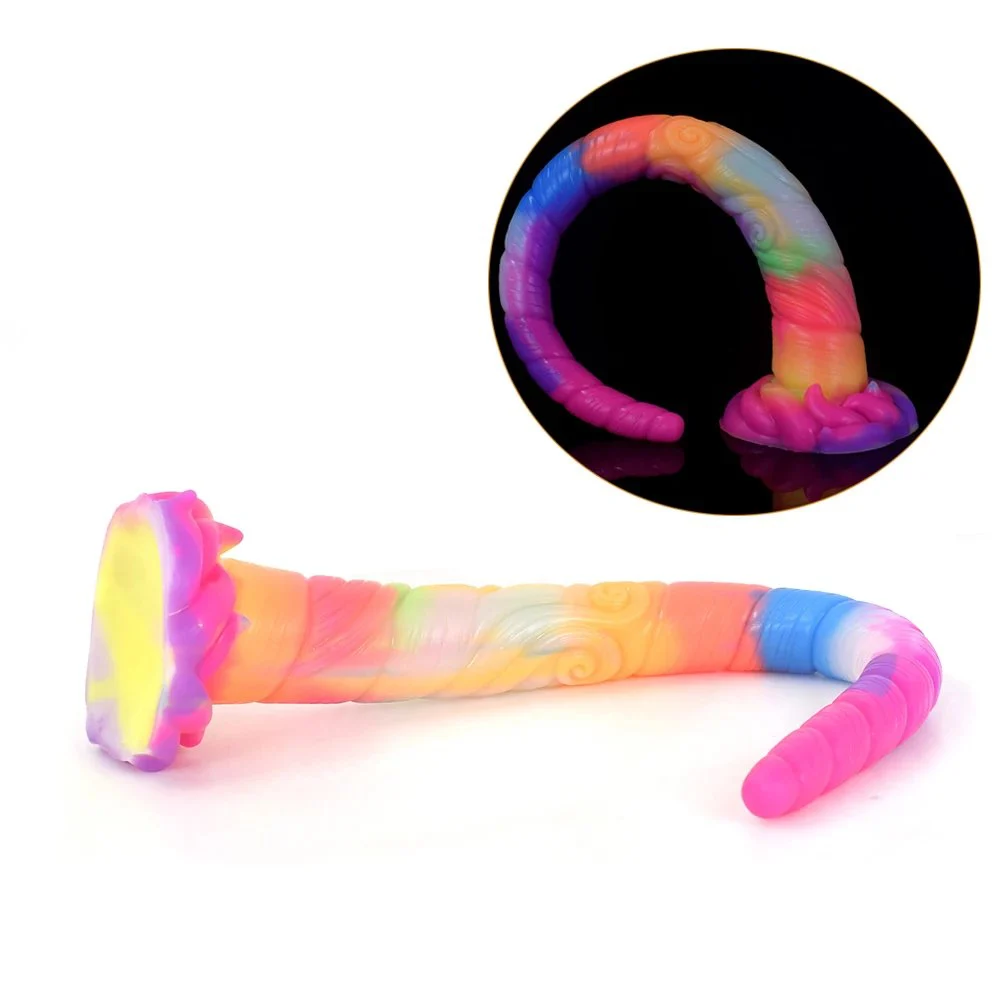 Super Long Glow in Dark Penis Silicone Flexible Curved Unicorn Realistic Dildos Anal Plug with Suction Cup for Women