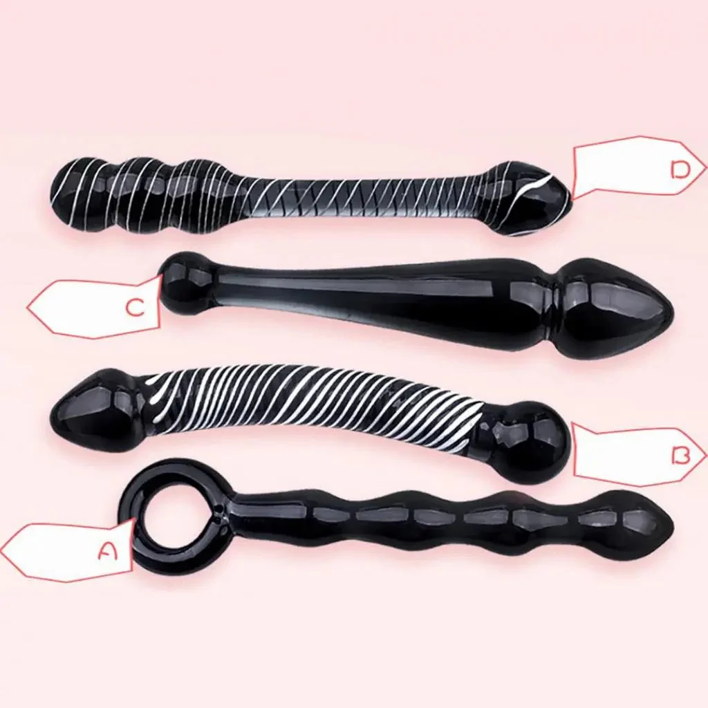 4Pcs Set Black Crystal Glass Dildo Adult Sex Toy Male Prostate Massager Glass Anal Beads Butt Plug for Men Women Masturbation